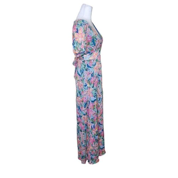 Short Sleeve Flowy Boho Empire Tie Waist Dress Womens Size 5 Blue Floral - Picture 2 of 5